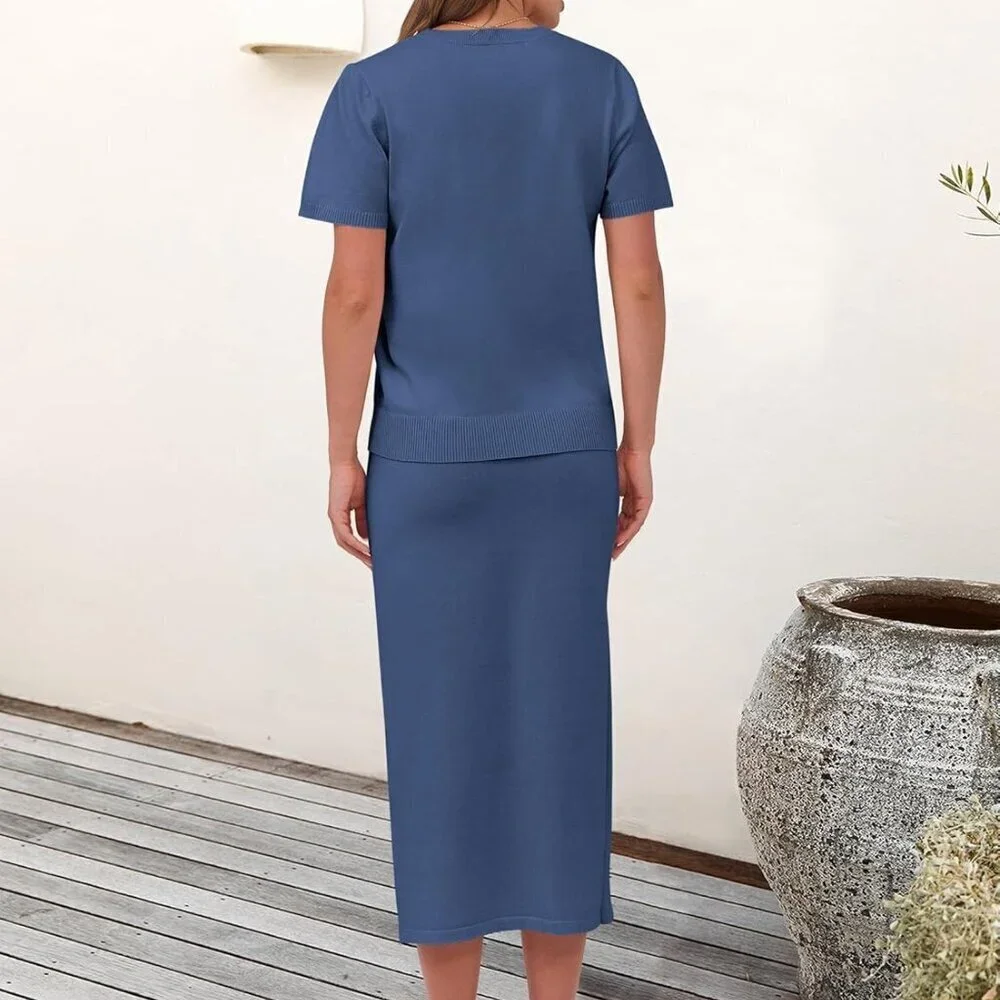Womens 2 Piece Sweater Skirt Set Viscose Nylon PBT Striped Casual Summer